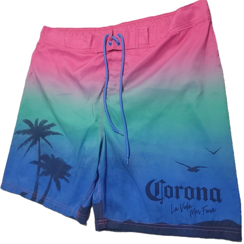 Corona Elastic Board Shorts Mens XL Blue Green Pink Sunset Swim Trunks